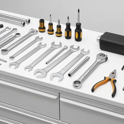 Assortment of motorcycle tools neatly laid out on a workbench, bright and clean