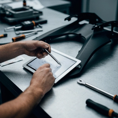 Hands following a visual guide to install motorcycle fairings