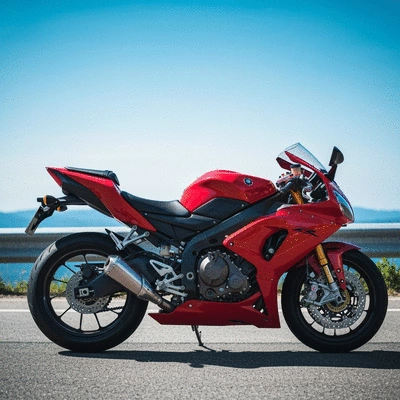Sleek red motorcycle with aerodynamic fairings parked on a scenic road, bright and clean